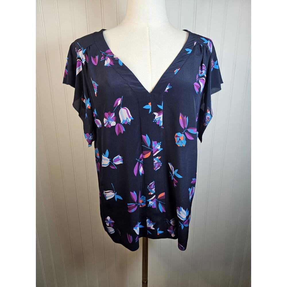 Rebecca Taylor‎ 100% Silk Navy Blue Floral Blouse Women's Size 8